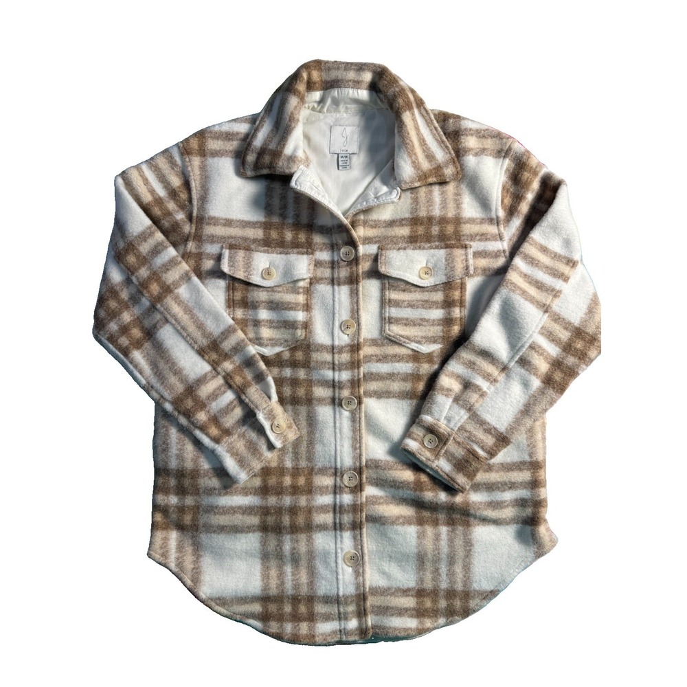 Joie Women's Shacket Medium Cream Boho Brown Plaid Button Down Oversized EUC